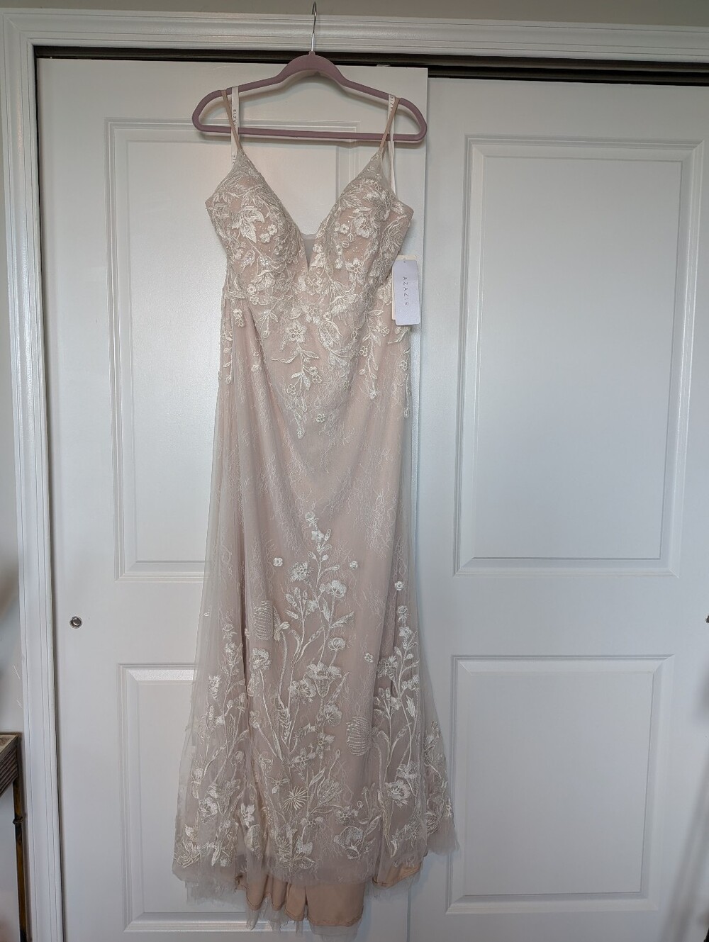 Azazie Diamond White/Champagne Floral Embroidered Wedding Dress - Picture 5 of 13
